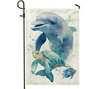 Drapeau de jardin d'été sur le thème de la vie océanique, dauphin bleu, tortue, poisson, bannière de décoration extérieure, drapeau double face en toile de jute pour décoration de pelouse sur le thème