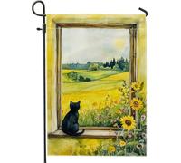Drapeau de jardin d'été, vue de fenêtre de chat, décoration d'intérieur, décoration florale de pelouse extérieure, drapeau artistique double face pour les amoureux des chats, 30,5 x 45,7 cm