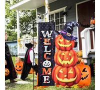 Drapeau de jardin d'Halloween 30,5 x 45,7 cm double face à l'extérieur, Jack-o'-lanterne, fantôme, drapeau de bienvenue extérieur, citrouille, sorcière, tour ou friandise, drapeau de jardin
