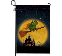 Drapeau de jardin d'Halloween, amphibien vert sur balai avec lune, bannière décorative double face pour décoration de pelouse extérieure, décoration de fête saisonnière d'automne 30,5 x 45,7 cm