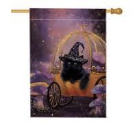 Drapeau de jardin d'Halloween en forme de carrosse de chat et de citrouille, décoration de sorcière violette à paillettes, bannière double face en toile de jute pour décoration de pelouse en plein air