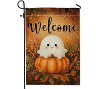 Drapeau de jardin d'Halloween fantôme citrouille, bannière de décoration d'automne orange amical esprit, drapeau de cour double face en toile de jute, décoration de pelouse extérieure 30,5 x 45,7 cm