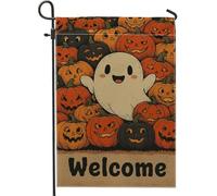 Drapeau de jardin d'Halloween fantôme citrouille, bannière en toile de jute orange effrayant, décoration de pelouse extérieure d'automne double face, style Welcome Home, 30,5 x 45,7 cm