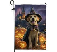 Drapeau de jardin d'Halloween pour chien, citrouille, sorcière, labrador, bannière de décoration d'intérieur, toile de jute double face, décoration de pelouse, festival d'automne, drapeau de cour 30,5