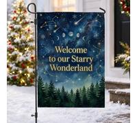 Drapeau de jardin d'hiver avec constellations célestes Nuit étoilée 30,5 x | Thème céleste, drapeau de pelouse, phases de lune, silhouette de forêt de pins, citation accueillante