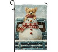 Drapeau de jardin d'hiver bonhomme de neige et chiot, joli corgi en écharpe rouge, décoration extérieure, drapeau double face en toile de jute pour décoration de pelouse, décoration de Noël festive de