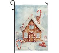 Drapeau de jardin d'hiver en forme de maison en pain d'épices, sucre d'orge rouge, décoration de Noël double face, drapeau de cour de vacances en toile de jute pour décoration de pelouse extérieure