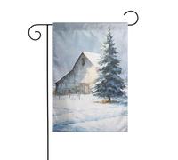 Drapeau de jardin d'hiver enneigé - Vieille grange et pin - 30 x 45 cm - Vertical double face - Décoration extérieure de ferme - Drapeau de cour