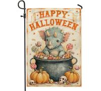 Drapeau de jardin dinosaure d'Halloween, joli tricératops avec bonbons et citrouilles, décoration extérieure, bannière double face en toile de jute pour décoration de pelouse d'automne, 30,5 x 45,7 cm