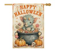 Drapeau de jardin dinosaure d'Halloween, joli tricératops avec bonbons et citrouilles, décoration extérieure, bannière double face en toile de jute pour décoration de pelouse d'automne, 71 x 101 cm