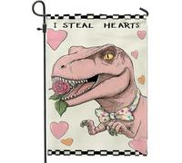Drapeau de jardin dinosaure, joli cœur de rose ludique, Saint-Valentin, pêche, double face, petit drapeau de jardin pour extérieur, terrasse, pelouse, porche, entrée, camping 30,5 x 45,7 cm