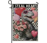 Drapeau de jardin dinosaure, Saint-Valentin, cœurs ludiques, roses, Saint-Valentin, pêche, toile de jute double face, petit drapeau de jardin pour extérieur, pelouse, porche, terrasse, entrée 30,5 x