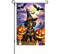 Drapeau de jardin double face avec chapeau de sorcière pour Halloween teckel