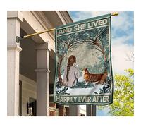 Drapeau De Jardin Double Face Drapeaux De Vacances Drapeaux De Pirate Tableau Ancien Représentant Une Jeune Fille Avec Un Corgi Et Elle Vécut Heureuse Pour Toujours M