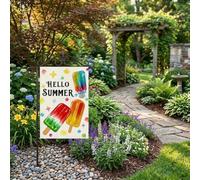 Drapeau de jardin double face Hello Summer de 30,5 x 45,7 cm, décoration de sucette glacée lumineuse pour extérieur, terrasse, pelouse, construction en lin robuste