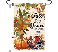 Drapeau de jardin double face Jésus He Never Leaves Outside Automne Thanksgiving Football Citrouille Fleurs Croix Yar