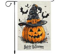Drapeau de jardin double face pour décoration de cour en plein air citrouille chapeau de sorcière Happy Halloween