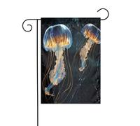 Drapeau de jardin double face pour décoration de terrasse, bannière de cour de 45 x 30 cm, drapeau de jardin méduses bleues et dorées pour l'extérieur, drapeau extérieur durable résistant à la