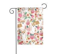 Drapeau de jardin double face pour extérieur 45 x 30 cm, fleurs florales corgi, bannière décorative d'extérieur pour terrasse, pelouse, ferme, résistant à la décoloration, drapeau de maison de