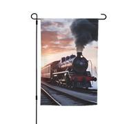 Drapeau de jardin double face train à vapeur coucher de soleil - 30,5 x 45,7 cm - Bannière extérieure saisonnière pour printemps, été, pelouse, porche, décoration d'intérieur, petit drapeau de jardin