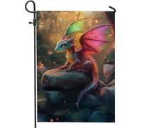 Drapeau de jardin dragon coloré, reptile fantaisie arc-en-ciel sur rocher avec ailes lumineuses, style mystique printemps-été, bannière double face pour décoration de pelouse en plein air 30,5 x 45,7