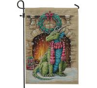 Drapeau de jardin dragon - Couronne festive d'hiver - En toile de jute verte - Double face - Pour extérieur, terrasse, pelouse, porche, balcon - 30,5 x 45,7 cm