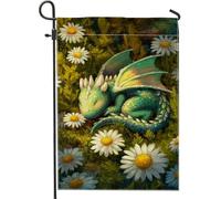 Drapeau de jardin dragon fantastique, bébé dragon vert avec marguerites, décoration extérieure, bannière double face en toile de jute pour décoration de pelouse printemps/été, 30,5 x 45,7 cm
