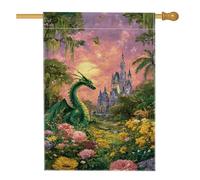 Drapeau de jardin dragon fantastique, créature mythique verte, décoration florale, bannière extérieure printemps-été pour décoration de la maison, drapeau de cour double face, 71 x 101 cm