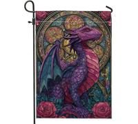 Drapeau de jardin dragon fantastique, décoration en verre teinté violet, bannière de pelouse extérieure de printemps, œuvre d'art double face pour décoration de la maison 30,5 x 45,7 cm