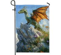 Drapeau de jardin dragon fantastique, dragon à ailes vertes, décoration extérieure double face en toile de jute automnale, décoration naturelle fantaisie, 30,5 x 45,7 cm