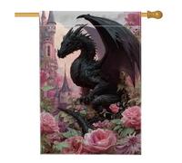 Drapeau de jardin dragon fantastique, dragon noir avec roses de pêche, bannière de décoration d'intérieur, décoration extérieure double face en toile de jute pour fête de printemps et d'été, 71,1 x
