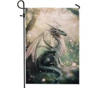 Drapeau de jardin dragon mythique, dragon fantaisie vert doux, décoration extérieure, bannière double face en toile de jute printemps été, drapeau de cour enchanté pour décoration de la maison et de