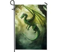 Drapeau de jardin dragon vert, créature mystique, décoration extérieure, drapeau de cour fantaisie printemps-été, décoration de pelouse double face en toile de jute 30,5 x 45,7 cm