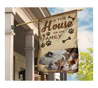 Drapeau De Jardin Drôle Jardin Signe Double Face Drapeau De Décoration Décoration Pour Patio Maison Balcon Bouledogues Endormis, Chiens Shelties. Ici, Nous Sommes Une Famille. S