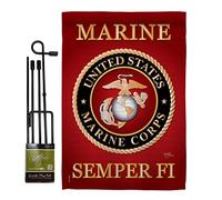 Drapeau de jardin du Corps des Marines - Ensemble avec support des forces armées USMC Semper Fi United State militaire américain ancien combattant officiel - Bannière de maison petit jardin cadeau