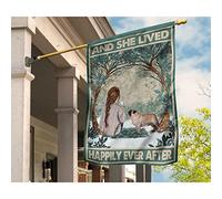 Drapeau De Jardin Durable Jardin Signe Drapeaux De Pirate Décoration Pour Maison Balcon Pelouse Tableau Ancien Représentant Une Jeune Fille Avec Un Carlin Et Elle Vécut Heureuse Pour Toujours S