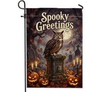 Drapeau de jardin effrayant avec citation de chouette et citrouilles | Jack-o'-lanterns, drapeau de cour, scène de cimetière, fond de pleine lune, feuilles d'automne, candélabre