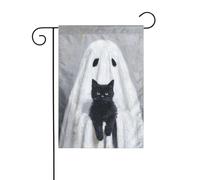 Drapeau de jardin effrayant avec un chat noir - Motif fantôme mignon tenant un chat noir - 30 x 45 cm