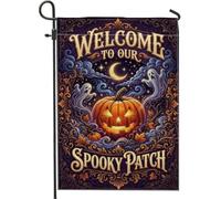 Drapeau de jardin effrayant citrouilles Halloween bienvenue Jack-o'-Lantern | Fantômes effrayants, drapeau de cour, rouleau orné, croissant de lune, feuilles d'automne, décoration de cour avant