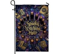 Drapeau de jardin effrayant de l'heure des sorcières sur le thème de | Roue du zodiaque, drapeau de cour, cartes de tarot, atmosphère mystique, esthétique occulte, impression recto-verso