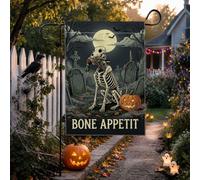 Drapeau de jardin effrayant squelette de chasse Halloween 30,5 x 45,7 cm | Cadre de cimetière effrayant, drapeau de pelouse, jeu de mots humoristique, motif chien de chasse, fond de pleine lune