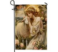 Drapeau de jardin élégant ange de Pâques original vintage mouton ferme floral herbe montagne beige lin pour bienvenue Pâques cour drapeau extérieur porche décoration maison vacances drapeau double