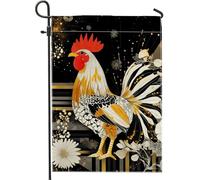 Drapeau de jardin élégant en forme de coq, bannière extérieure double face pour décoration de pelouse et cour - Noir et doré - 30,5 x 45,7 cm