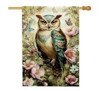 Drapeau de jardin élégant en forme de hibou, bannière florale colorée pour décoration intérieure, printemps été, faune sauvage, décoration extérieure, drapeau double face en toile de jute 71 x 101,6