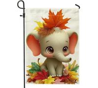 Drapeau de jardin éléphant d'automne et d'automne, joli bébé éléphant avec feuilles, décoration extérieure, bannière double face en toile de jute pour décoration de saison des récoltes, 30,5 x 45,7 cm