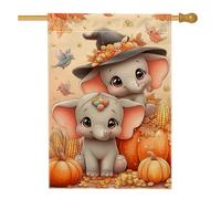 Drapeau de jardin éléphant d'automne - Joli bébé éléphants gris avec citrouilles - Bannière de jardin double face en toile de jute - Décoration de pelouse extérieure - 71 x 101 cm