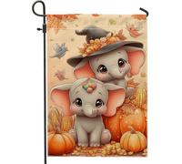 Drapeau de jardin éléphant d'automne - Joli bébé éléphants gris avec citrouilles - Bannière de jardin double face en toile de jute - Décoration de pelouse extérieure - 30,5 x 45,7 cm