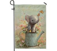 Drapeau de jardin éléphant de bienvenue, arrosoir floral vert, bannière double face en toile de jute pour décoration de pelouse extérieure de printemps, 30,5 x 45,7 cm