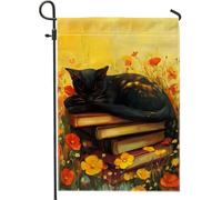 Drapeau de jardin empilable chat sur livre, décoration extérieure florale jaune, drapeau double face en toile de jute pour la maison et le jardin, décoration de pelouse pour amoureux des animaux, 30,5