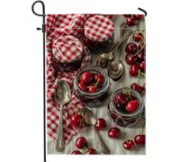 Drapeau de jardin en confiture de cerises, bannière de décoration de cuisine vichy rouge, drapeau de cour double face en toile de jute, décoration de pelouse d'été extérieure 30,5 x 45,7 cm